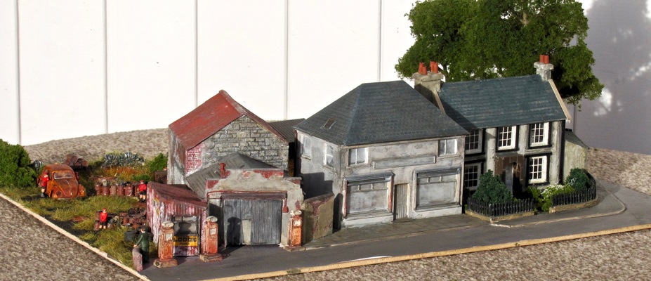 Llanrug (wales) abandoned garage street scene.